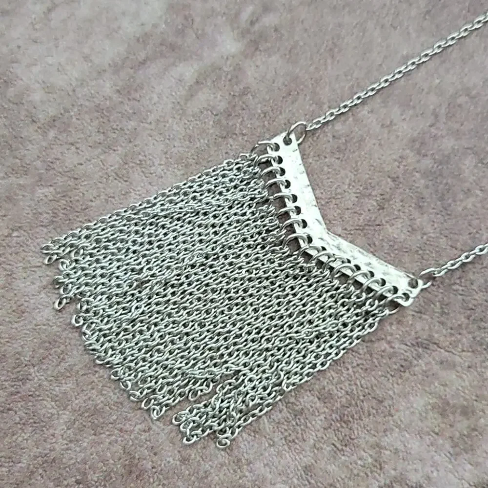 ZAD Silver Toned Bar & Fringe Necklace NEW